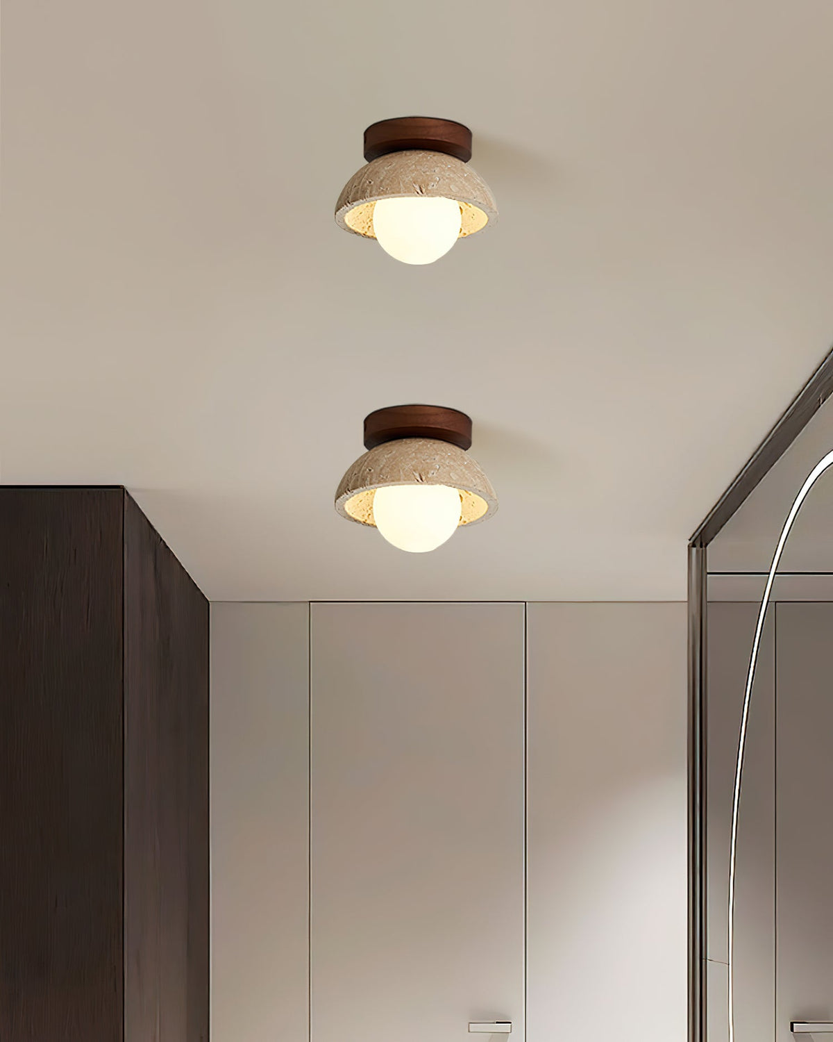 Travertine Stone Flush Mount Light 5.9 in Diameter White Natural Wood Wall or Ceiling Fixture G9 Base Opal Glass Diffuser for Bathroom Bedro