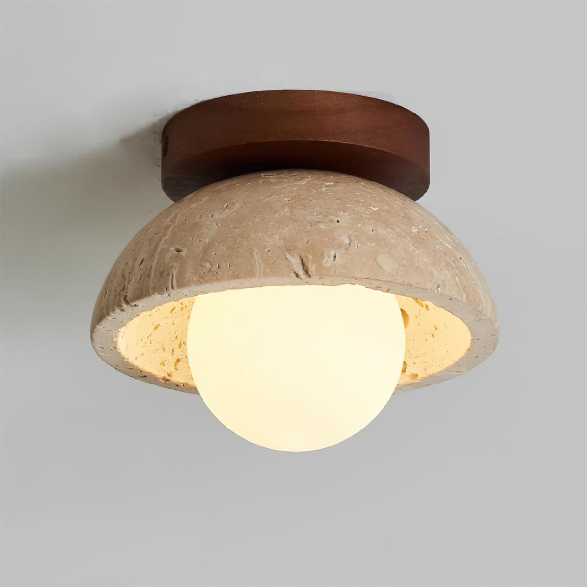 Travertine Stone Flush Mount Light 5.9 in Diameter White Natural Wood Wall or Ceiling Fixture G9 Base Opal Glass Diffuser for Bathroom Bedro