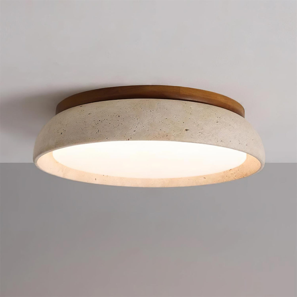 Travertine Stone Flush Mount Ceiling Light with Wood Accents for Kitchen, Bedroom, Living Room | Modern Round LED Fixture