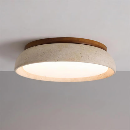 Natural Stone Flush Mount Ceiling Light – Travertine & Wood – 12 to 22 Inch – Warm White LED – for Bedroom, Living Room & Dining Room