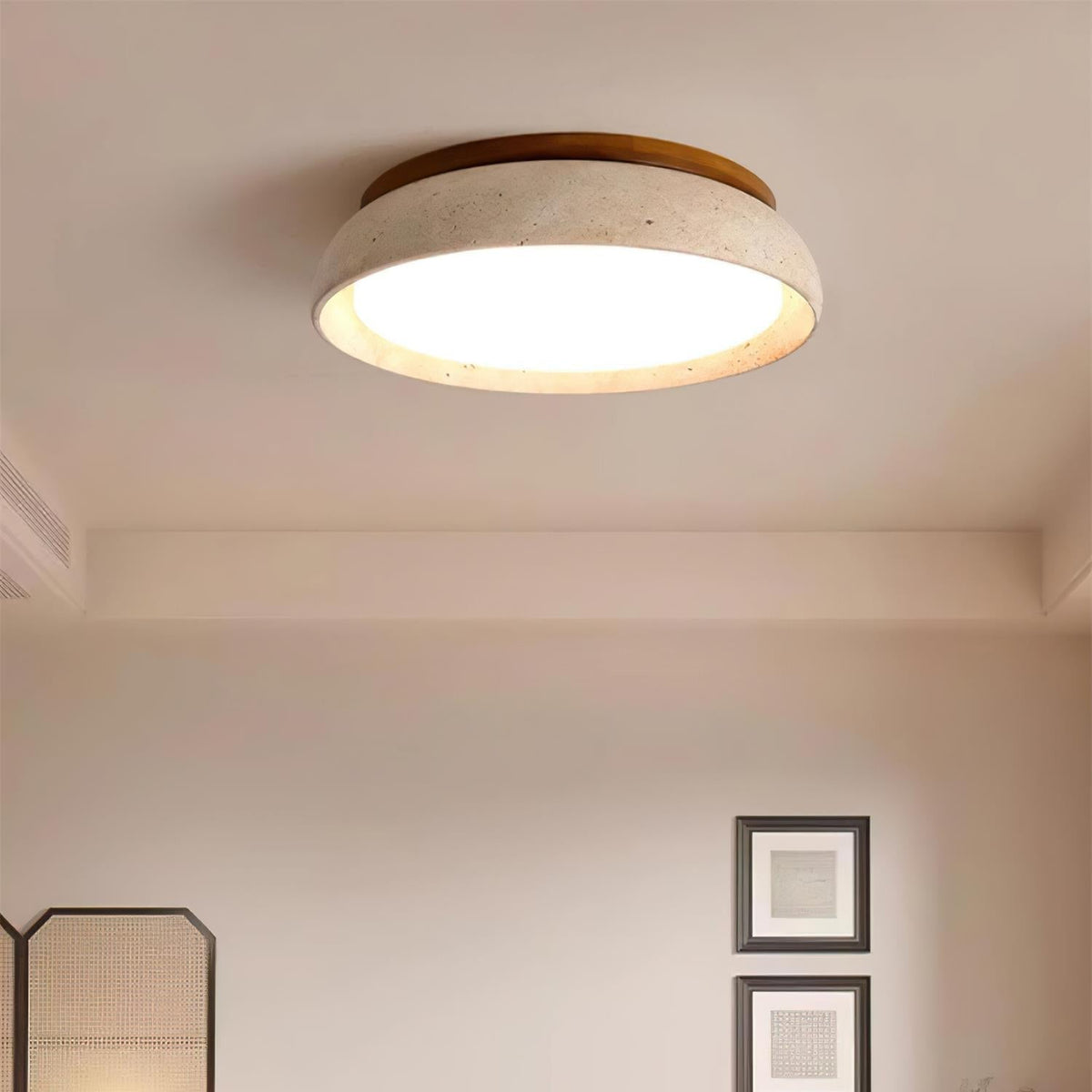 Natural Stone Flush Mount Ceiling Light – Travertine & Wood – 12 to 22 Inch – Warm White LED – for Bedroom, Living Room & Dining Room