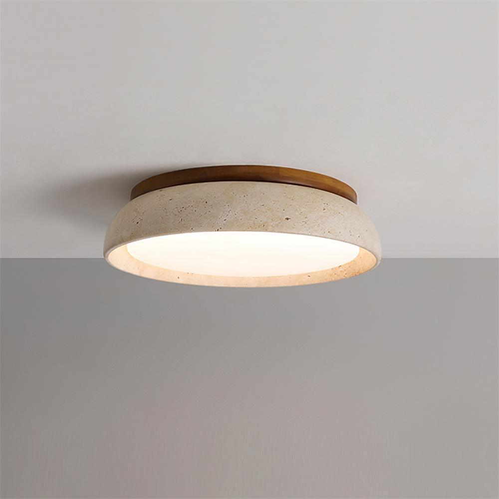 Stone Flush Mount Light Fixture 12 Inch Natural Travertine LED Overhead for Bedroom Hallway Bathroom Minimalist Round Warm Glow Wall or Ceil