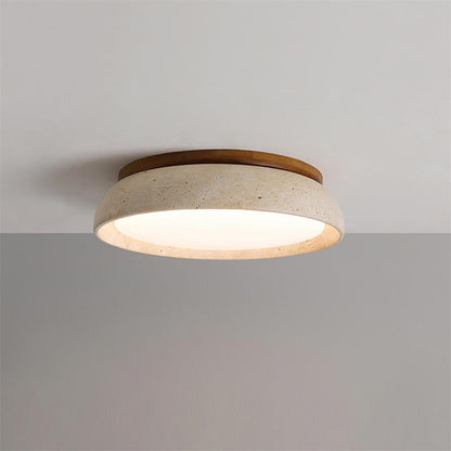 Natural Stone Flush Mount Ceiling Light – Travertine & Wood – 12 to 22 Inch – Warm White LED – for Bedroom, Living Room & Dining Room