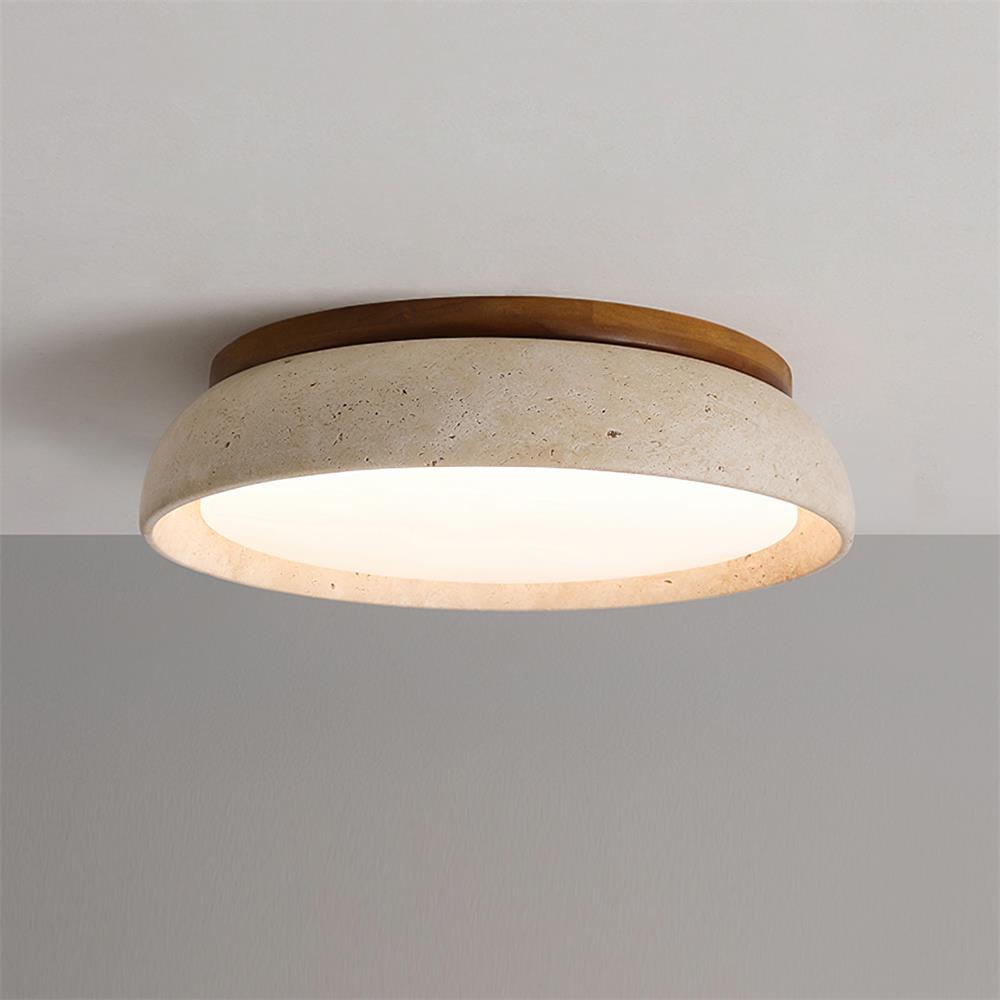 Travertine Stone Flush Mount Ceiling Light with Wood Accents for Kitchen, Bedroom, Living Room | Modern Round LED Fixture