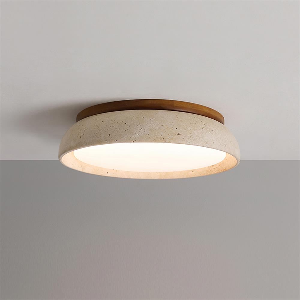 Travertine Stone Flush Mount Ceiling Light with Wood Accents for Kitchen, Bedroom, Living Room | Modern Round LED Fixture