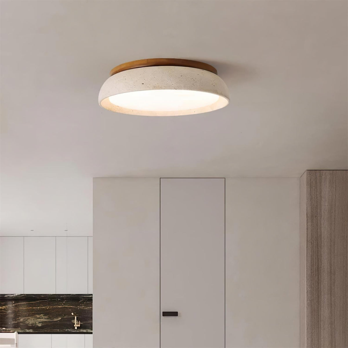 Flush Mount LED Overhead Light with Natural Stone & Wood Accents for Bedrooms, Hallways & Low Ceilings – Warm 3000K Glow, Scandinavian Minim
