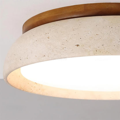 Travertine Stone Flush Mount Ceiling Light with Wood Accents for Kitchen, Bedroom, Living Room | Modern Round LED Fixture