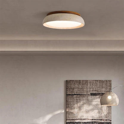 Travertine Stone Flush Mount Ceiling Light with Wood Accents for Kitchen, Bedroom, Living Room | Modern Round LED Fixture