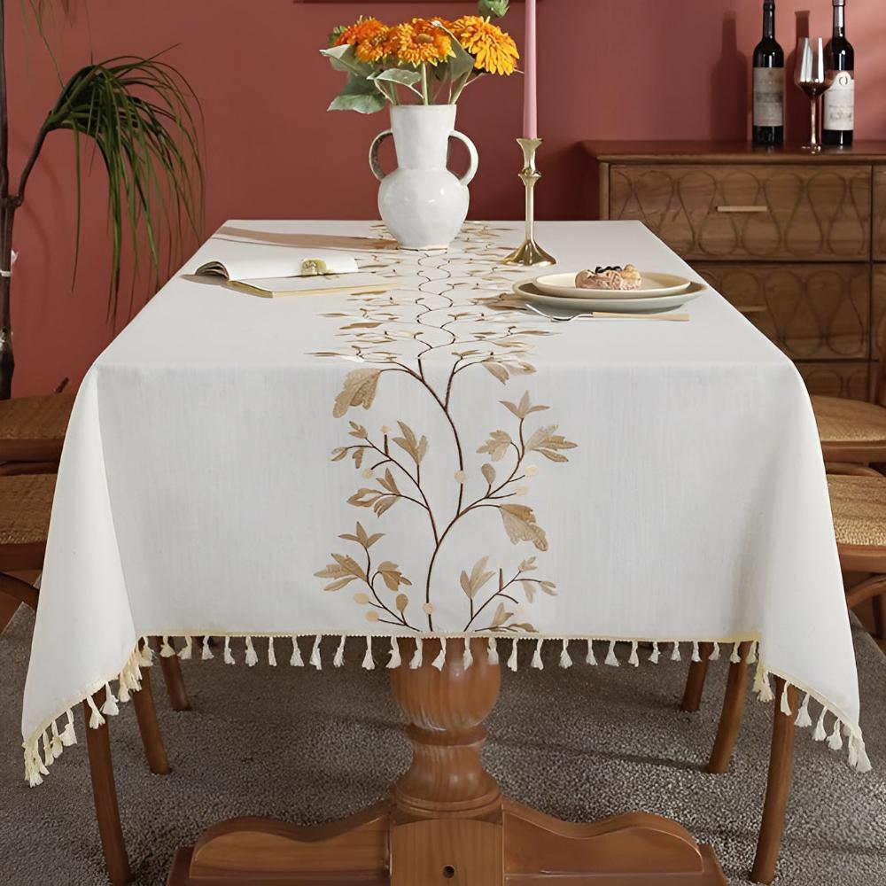Pinegrove Tablecloth - Cotton-Linen Blend, Embroidered Floral Design