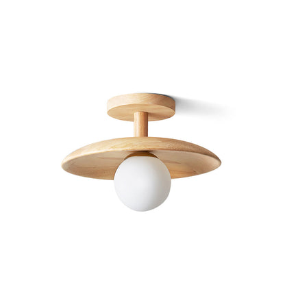 Flush Mount Ceiling Light Fixture with Natural Wood Base & Frosted Glass Shade for Hallways Bedrooms Living Rooms | Modern Farmhouse Style L
