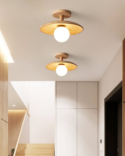 Flush Mount Ceiling Light Fixture with Natural Wood Base & Frosted Glass Shade for Hallways Bedrooms Living Rooms | Modern Farmhouse Style L
