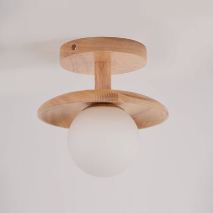 Flush Mount Ceiling Light Fixture with Natural Wood Base & Frosted Glass Shade for Hallways Bedrooms Living Rooms | Modern Farmhouse Style L