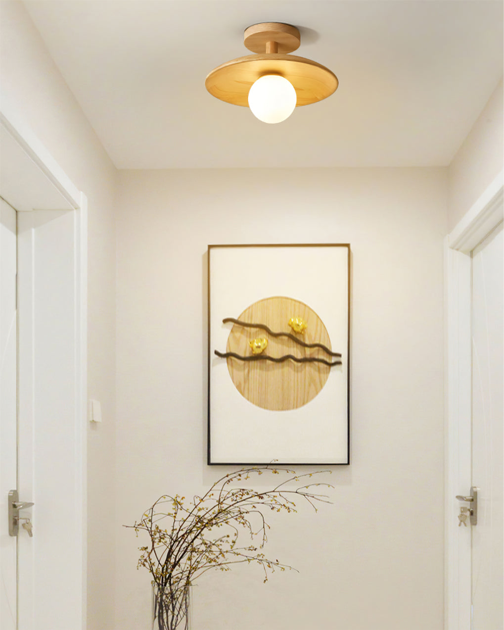 Flush Mount Ceiling Light Fixture with Natural Wood Base & Frosted Glass Shade for Hallways Bedrooms Living Rooms | Modern Farmhouse Style L
