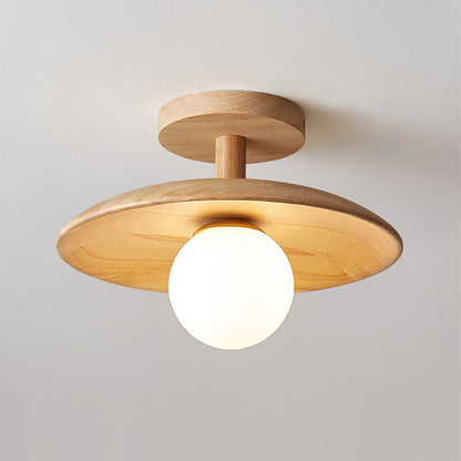 Flush Mount Ceiling Light Fixture with Natural Wood Base & Frosted Glass Shade for Hallways Bedrooms Living Rooms | Modern Farmhouse Style L