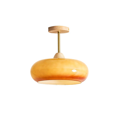 Glass Disc Overhead Fixture Wood Accent 11-Inch Warm Ambient Lighting for Dining Areas Entryways Bedrooms Mid-Century Modern Scandinavian St
