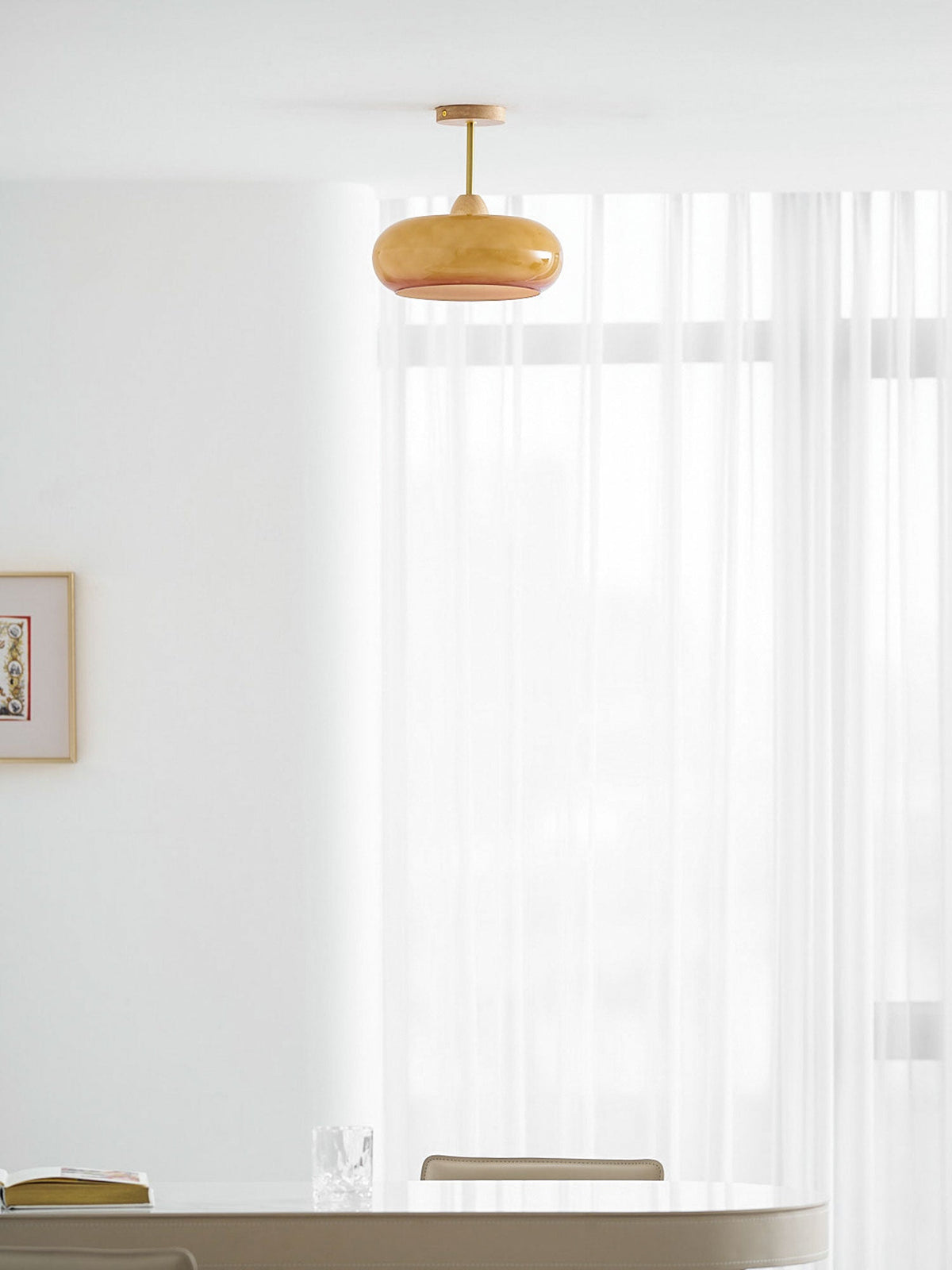 Glass Disc Overhead Fixture Wood Accent 11-Inch Warm Ambient Lighting for Dining Areas Entryways Bedrooms Mid-Century Modern Scandinavian St