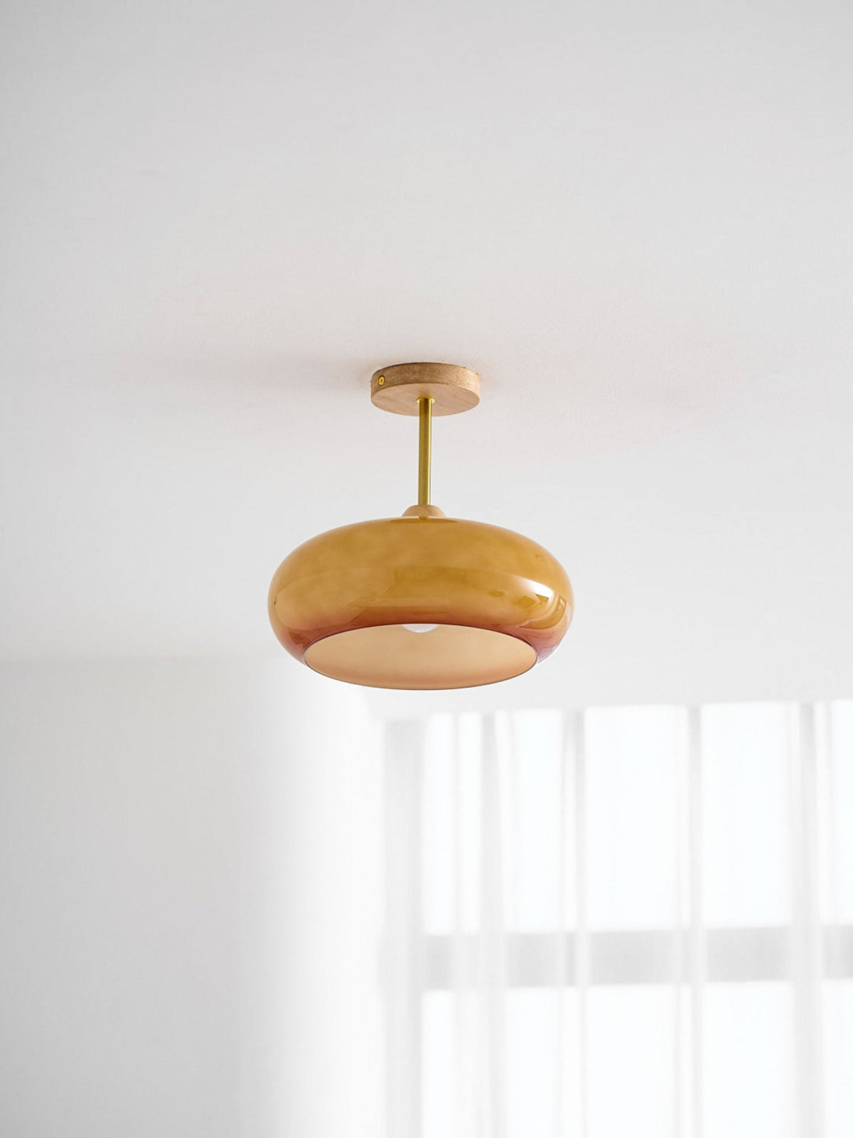 Glass Disc Overhead Fixture Wood Accent 11-Inch Warm Ambient Lighting for Dining Areas Entryways Bedrooms Mid-Century Modern Scandinavian St