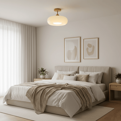 Flush Mount Ceiling Light Fixture Wood & Glass 11 Inch Round for Bedroom Bathroom Dining Room E26 Base Hardwired Indoor Ambient Lighting