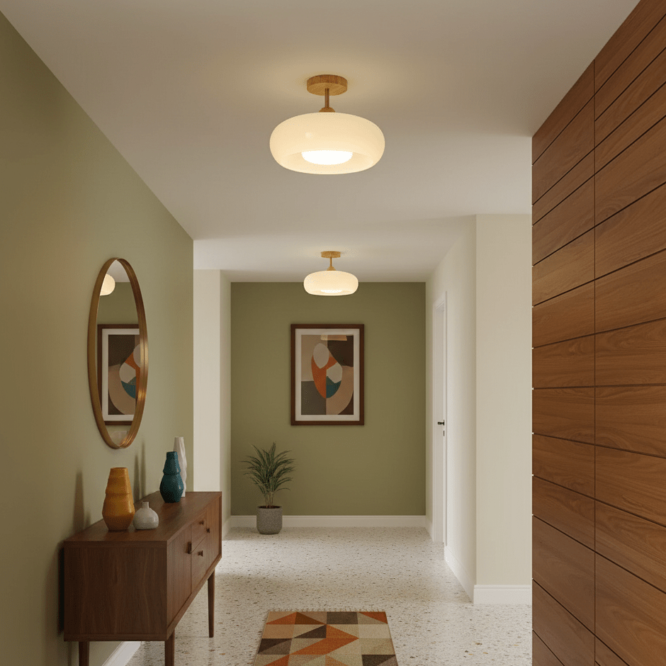 Flush Mount Ceiling Light Fixture Wood & Glass 11 Inch Round for Bedroom Bathroom Dining Room E26 Base Hardwired Indoor Ambient Lighting