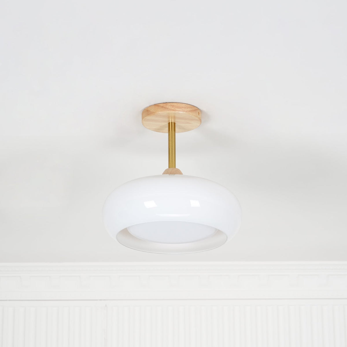 Flush Mount Ceiling Light Fixture Wood & Glass 11 Inch Round for Bedroom Bathroom Dining Room E26 Base Hardwired Indoor Ambient Lighting