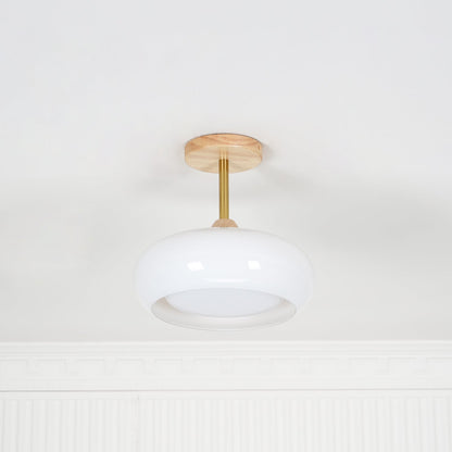 Flush Mount Ceiling Light Fixture Wood & Glass 11 Inch Round for Bedroom Bathroom Dining Room E26 Base Hardwired Indoor Ambient Lighting