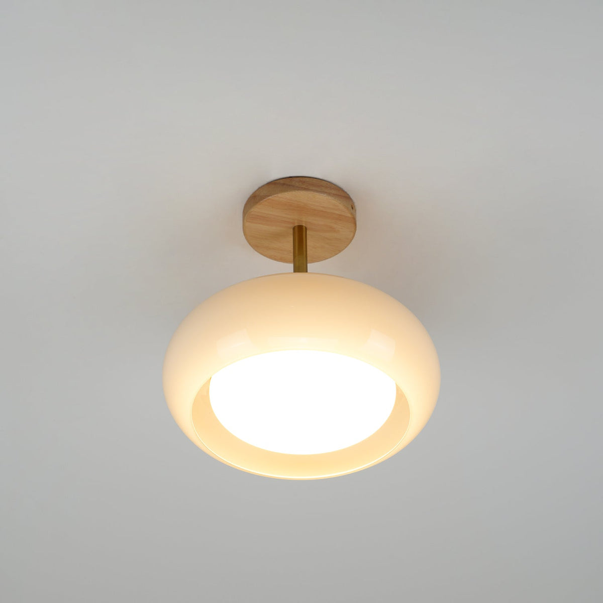 Flush Mount Ceiling Light Fixture Wood & Glass 11 Inch Round for Bedroom Bathroom Dining Room E26 Base Hardwired Indoor Ambient Lighting