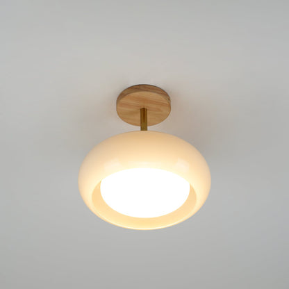 Flush Mount Ceiling Light Fixture Wood & Glass 11 Inch Round for Bedroom Bathroom Dining Room E26 Base Hardwired Indoor Ambient Lighting