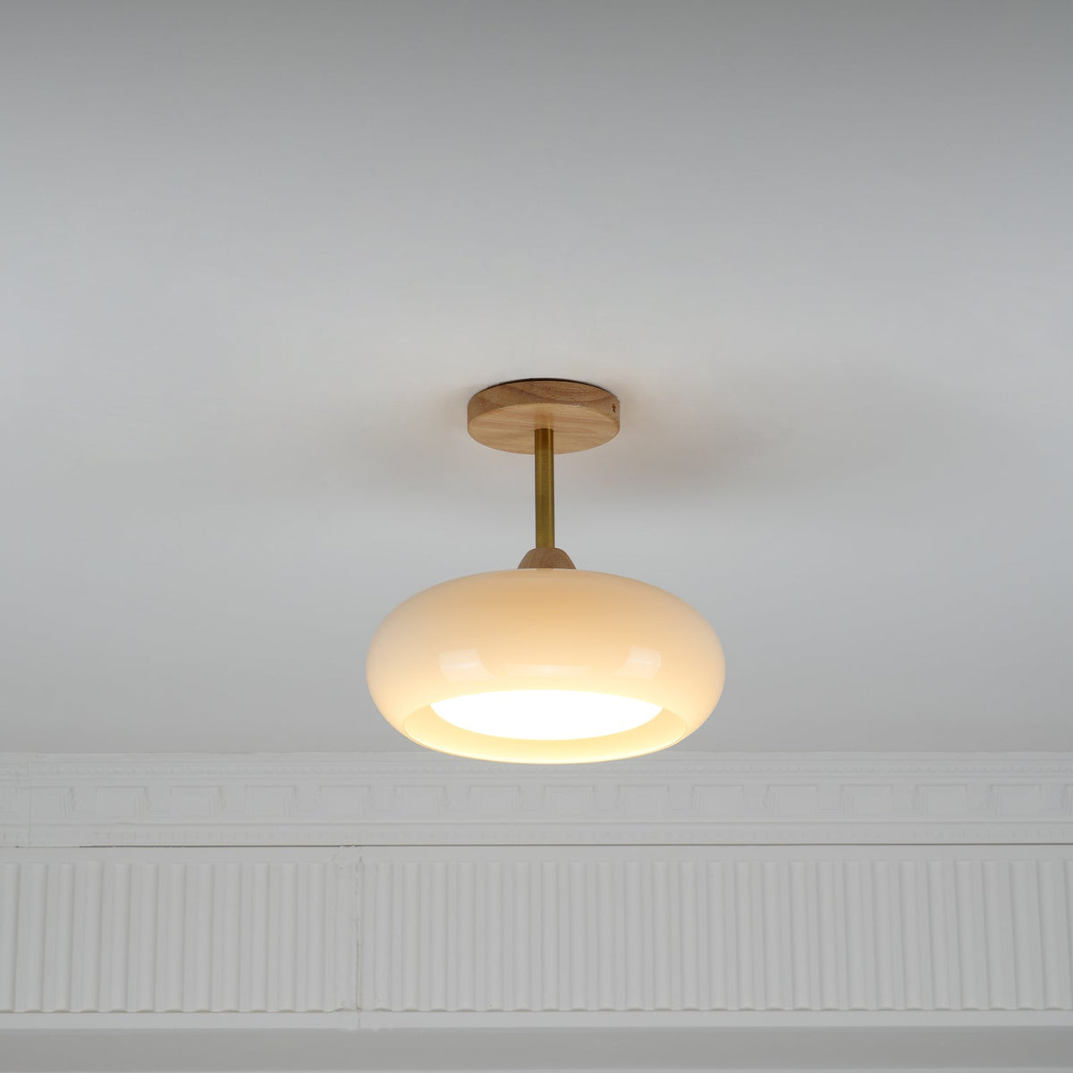 Flush Mount Ceiling Light Fixture Wood & Glass 11 Inch Round for Bedroom Bathroom Dining Room E26 Base Hardwired Indoor Ambient Lighting
