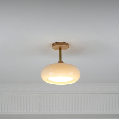 Glass Disc Overhead Fixture Wood Accent 11-Inch Warm Ambient Lighting for Dining Areas Entryways Bedrooms Mid-Century Modern Scandinavian St