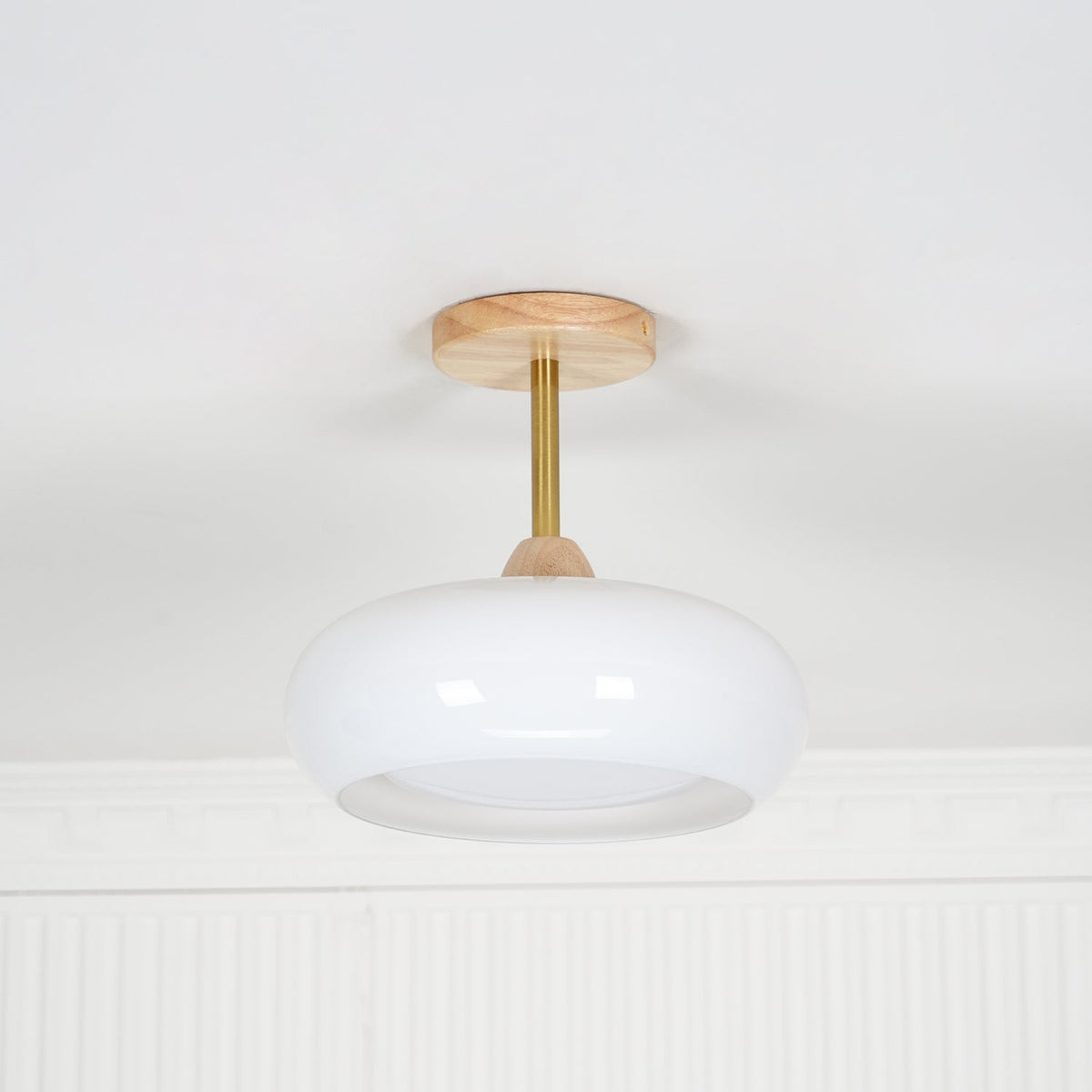 Flush Mount Ceiling Light Fixture Wood & Glass 11 Inch Round for Bedroom Bathroom Dining Room E26 Base Hardwired Indoor Ambient Lighting