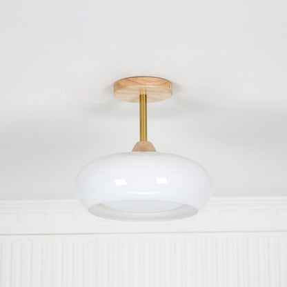Glass Disc Overhead Fixture Wood Accent 11-Inch Warm Ambient Lighting for Dining Areas Entryways Bedrooms Mid-Century Modern Scandinavian St