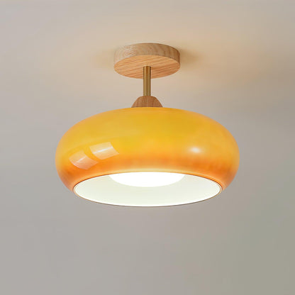 Glass Disc Overhead Fixture Wood Accent 11-Inch Warm Ambient Lighting for Dining Areas Entryways Bedrooms Mid-Century Modern Scandinavian St