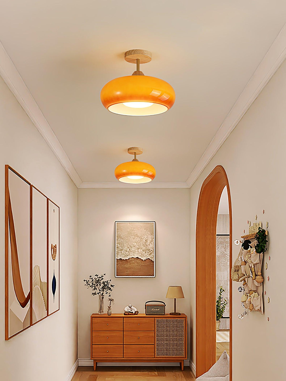 Flush Mount Ceiling Light Fixture Wood & Glass 11 Inch Round for Bedroom Bathroom Dining Room E26 Base Hardwired Indoor Ambient Lighting
