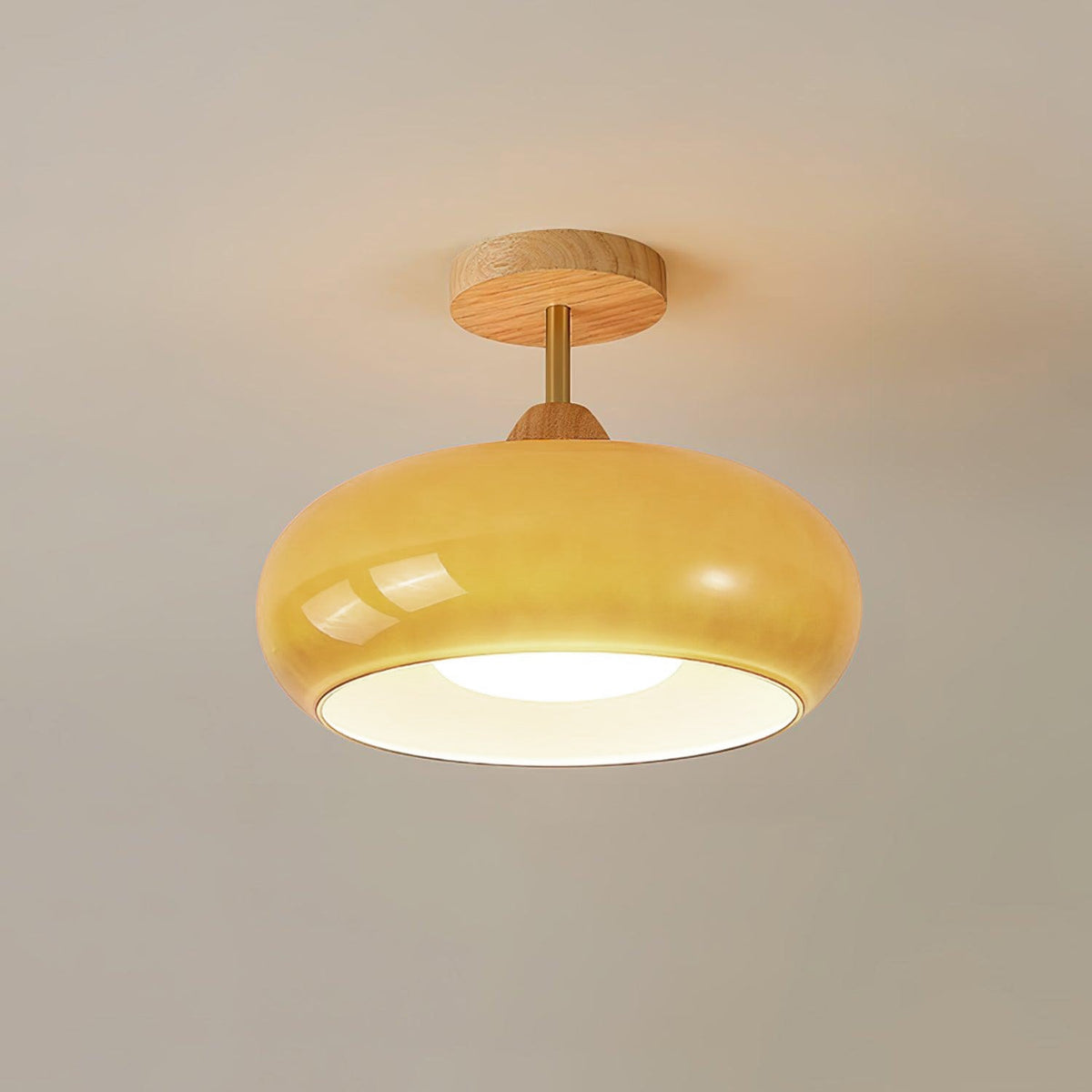 Glass Disc Overhead Fixture Wood Accent 11-Inch Warm Ambient Lighting for Dining Areas Entryways Bedrooms Mid-Century Modern Scandinavian St
