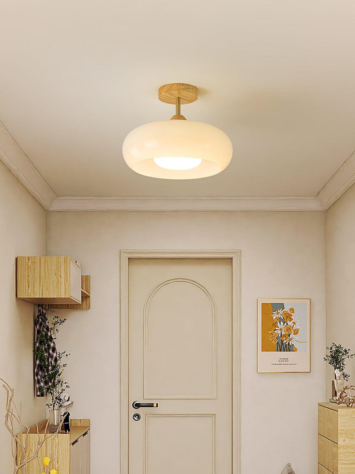 Glass Disc Overhead Fixture Wood Accent 11-Inch Warm Ambient Lighting for Dining Areas Entryways Bedrooms Mid-Century Modern Scandinavian St