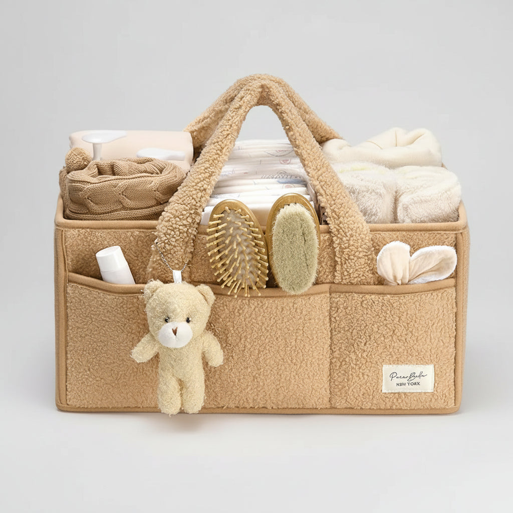 Plush Sherpa Diaper Caddy Organizer with Adjustable Dividers | Versatile Baby Storage Solution for Easy Nursery Organization