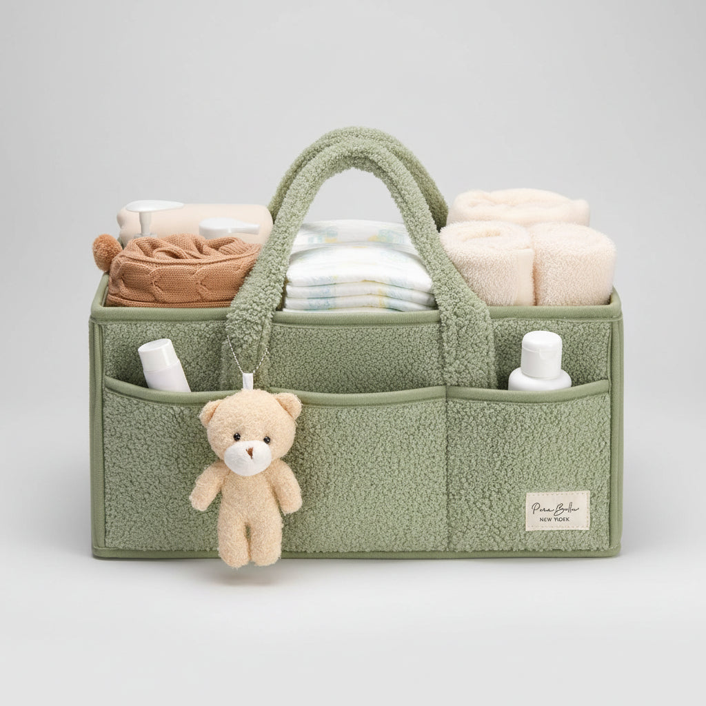 Plush Sherpa Diaper Caddy Organizer with Adjustable Dividers | Versatile Baby Storage Solution for Easy Nursery Organization
