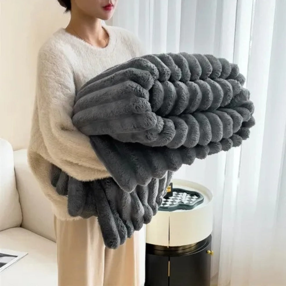 Ribbed Fleece Throw Blanket Soft Cozy 59x79 or 79x91 inch Year-Round Warmth for Couch Bed Living Room Bedroom Rose Gray Blue Ivory