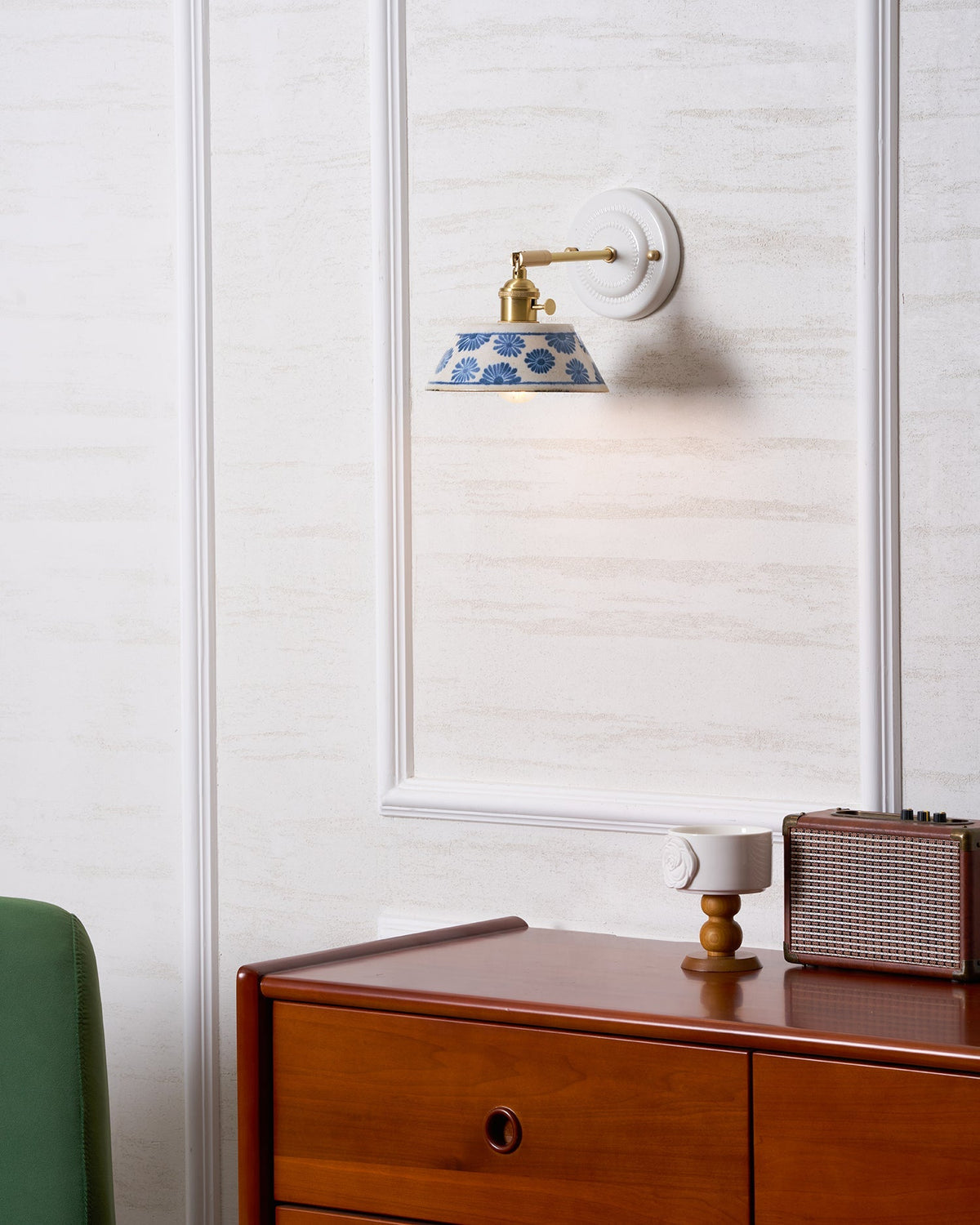 Ceramic Sconce with Brass Hardware in Blue & White – Hardwired E26 Socket for Bathroom, Bedroom & Hallway Accent Lighting