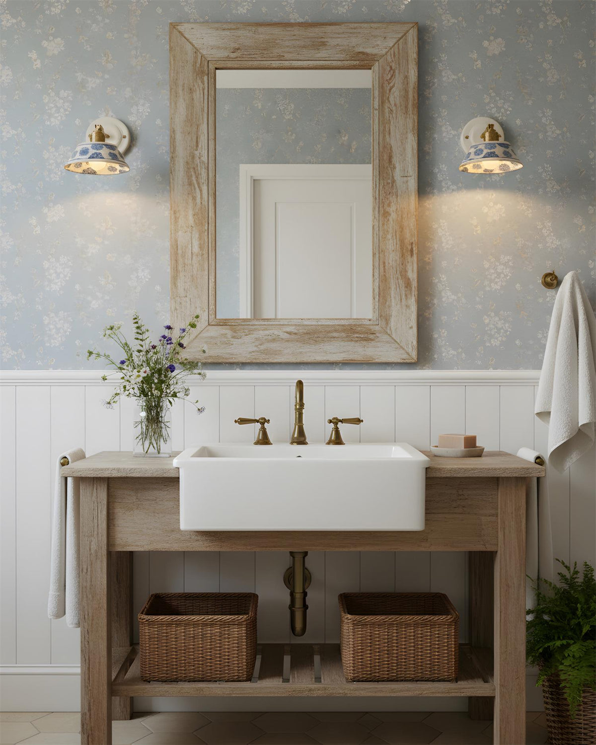 Ceramic Sconce with Brass Hardware in Blue & White – Hardwired E26 Socket for Bathroom, Bedroom & Hallway Accent Lighting