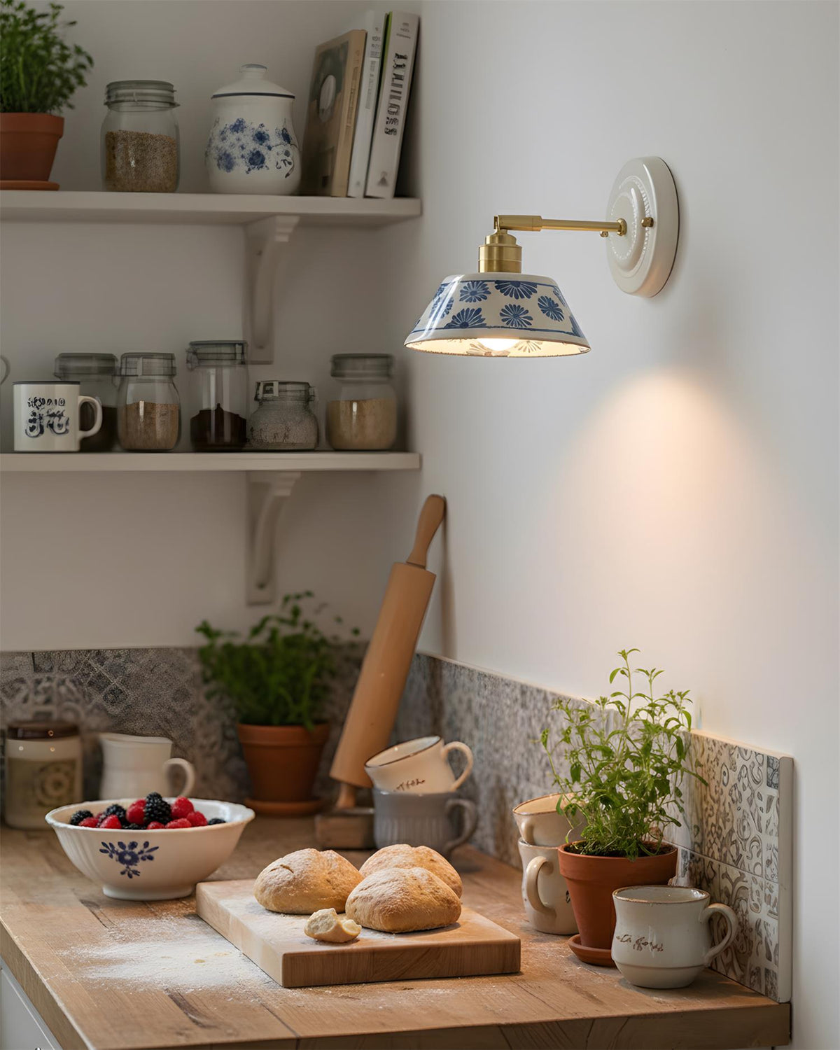Ceramic Sconce with Brass Hardware in Blue & White – Hardwired E26 Socket for Bathroom, Bedroom & Hallway Accent Lighting