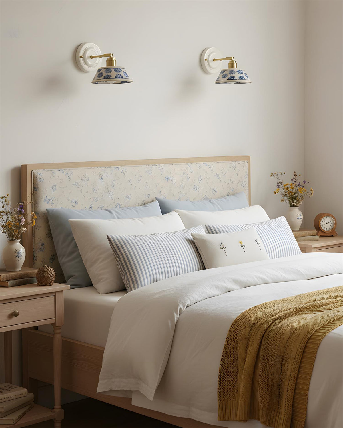 Ceramic Sconce with Brass Hardware in Blue & White – Hardwired E26 Socket for Bathroom, Bedroom & Hallway Accent Lighting