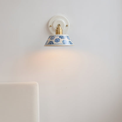 Ceramic Sconce with Brass Hardware in Blue & White – Hardwired E26 Socket for Bathroom, Bedroom & Hallway Accent Lighting