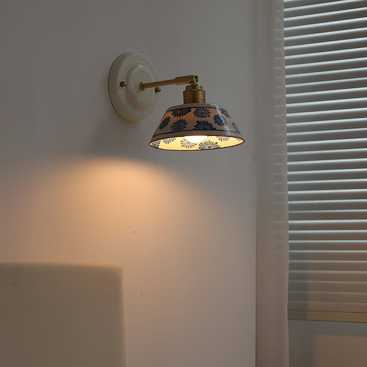 Ceramic Sconce with Brass Hardware in Blue & White – Hardwired E26 Socket for Bathroom, Bedroom & Hallway Accent Lighting