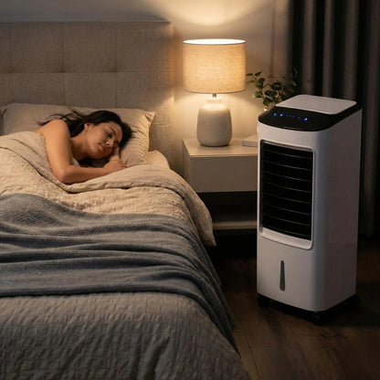 Rafraîchisseur d'air évaporatif sur pied avec télécommande – Unité de refroidissement portable pour chambre, bureau et espace de vie – Conception sans fenêtre, sur roulettes
