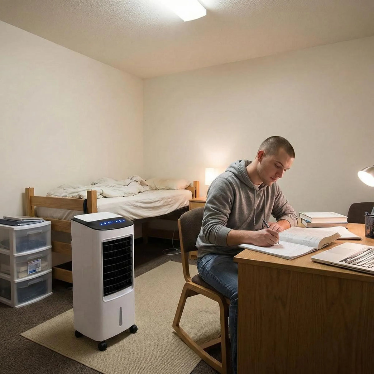 Rafraîchisseur d'air évaporatif sur pied avec télécommande – Unité de refroidissement portable pour chambre, bureau et espace de vie – Conception sans fenêtre, sur roulettes