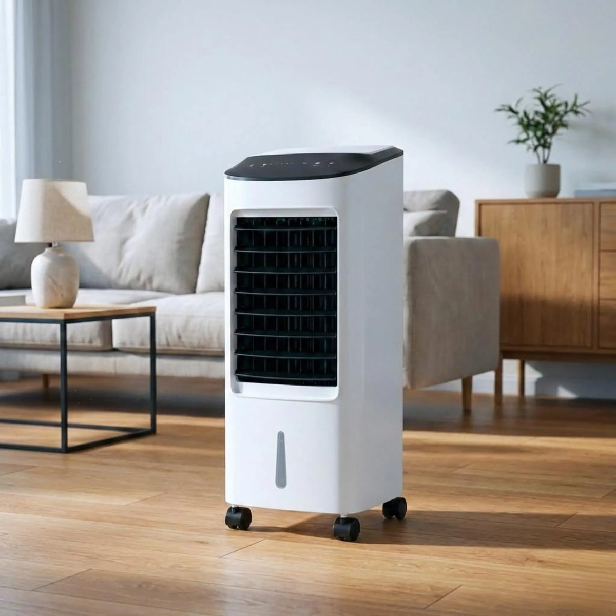 Rafraîchisseur d'air évaporatif sur pied avec télécommande – Unité de refroidissement portable pour chambre, bureau et espace de vie – Conception sans fenêtre, sur roulettes