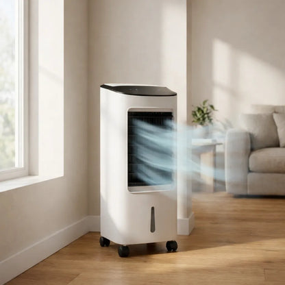 Rafraîchisseur d'air évaporatif sur pied avec télécommande – Unité de refroidissement portable pour chambre, bureau et espace de vie – Conception sans fenêtre, sur roulettes