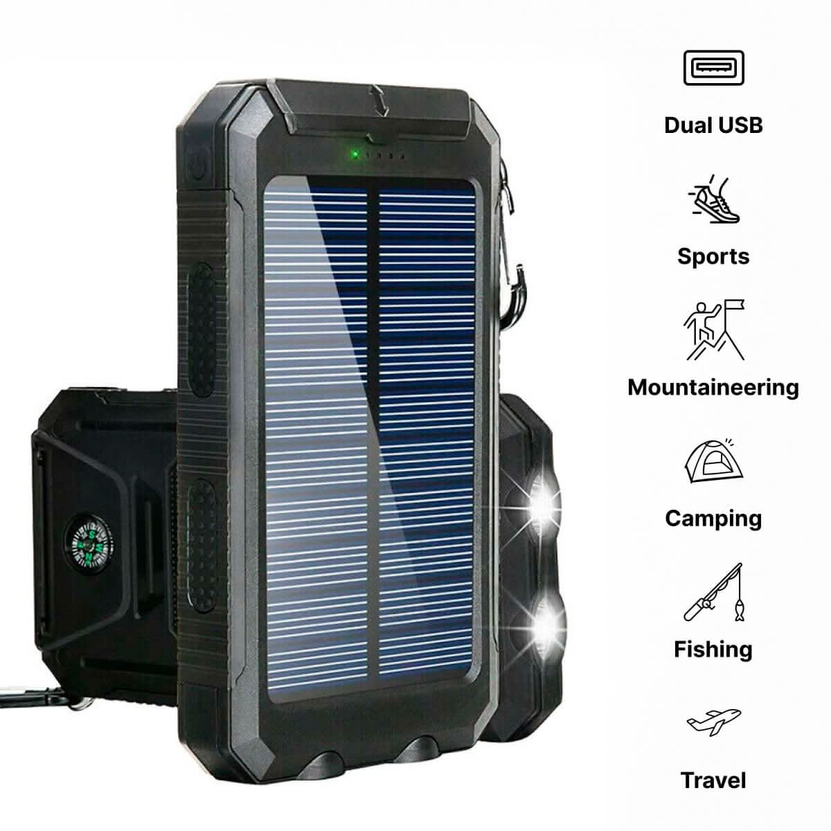 Chargeur portable | Batterie externe solaire étanche d'une capacité de 30 000 mAh | Double sortie USB pour les aventures en plein air