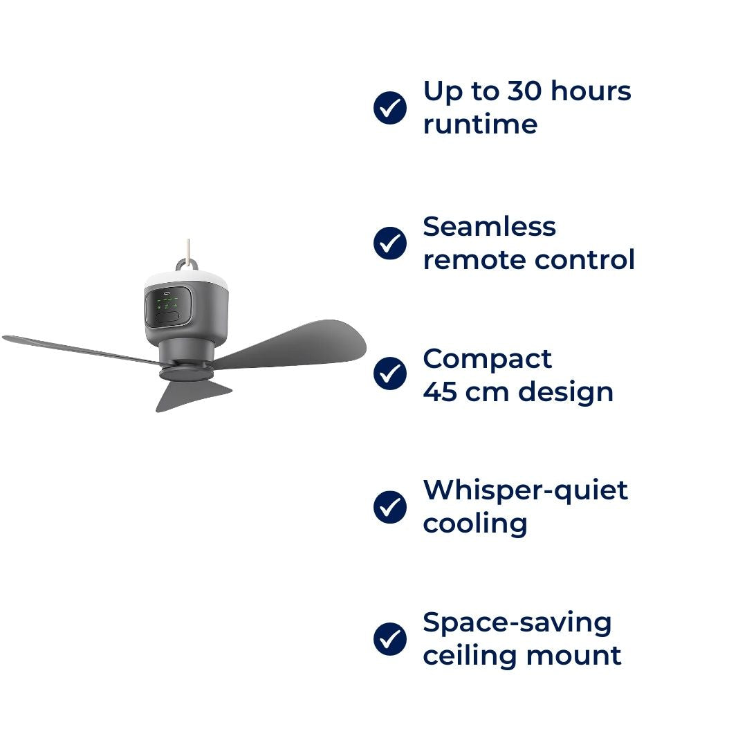 Portable Remote-Control Ceiling Fan with LED Light & 30-Hour Battery Life | Compact Design for Home & Travel